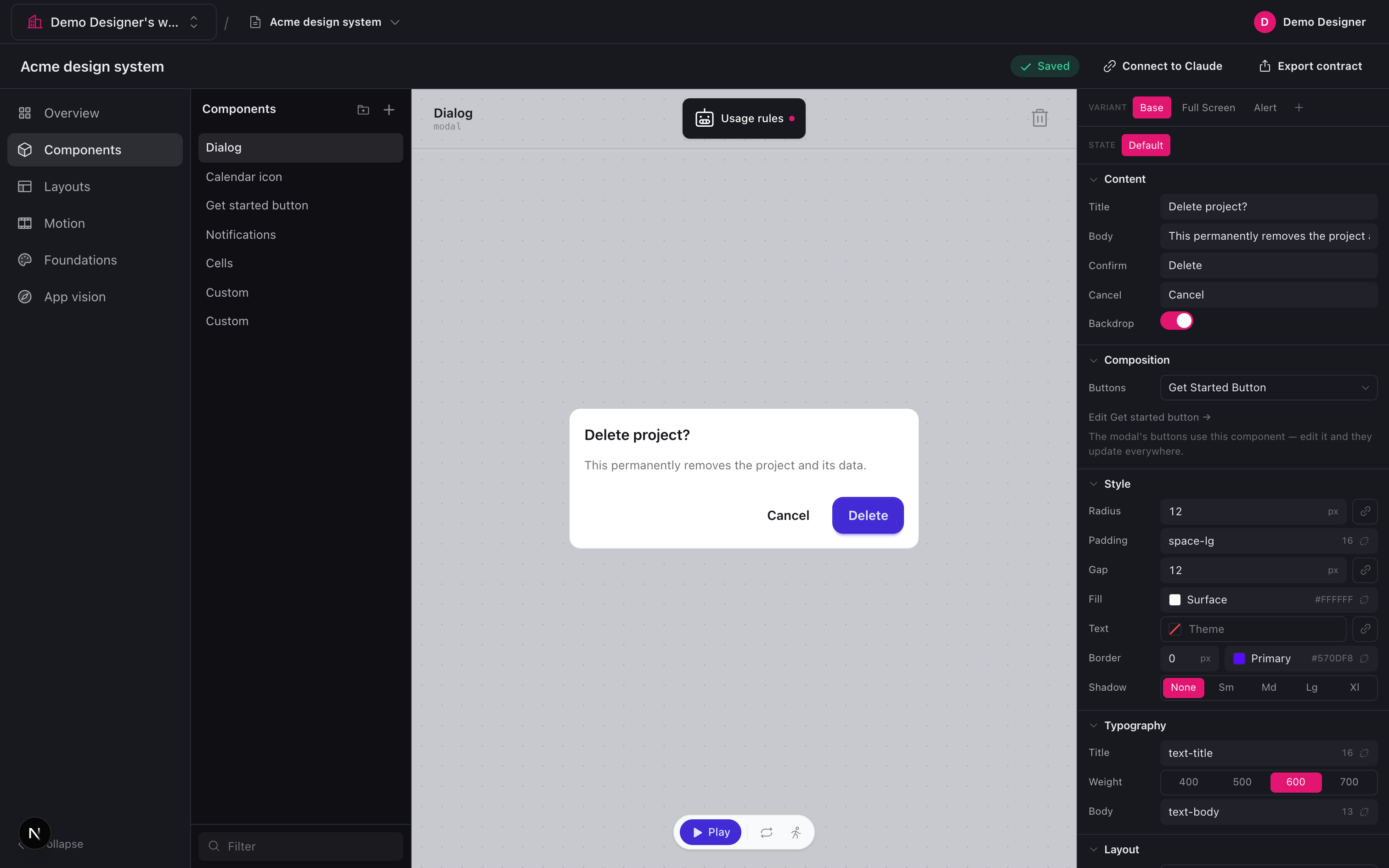 Authoring a component in Design Prompt Studio: a dialog on the canvas with grouped Content, Composition, Style, Typography and Layout controls in the inspector